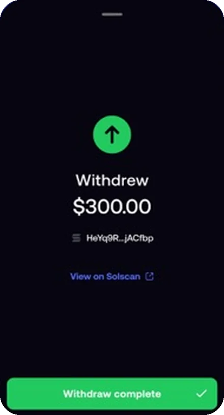 Fomo app withdrawal confirmation: $300 sent on-chain with a Solscan verification link
